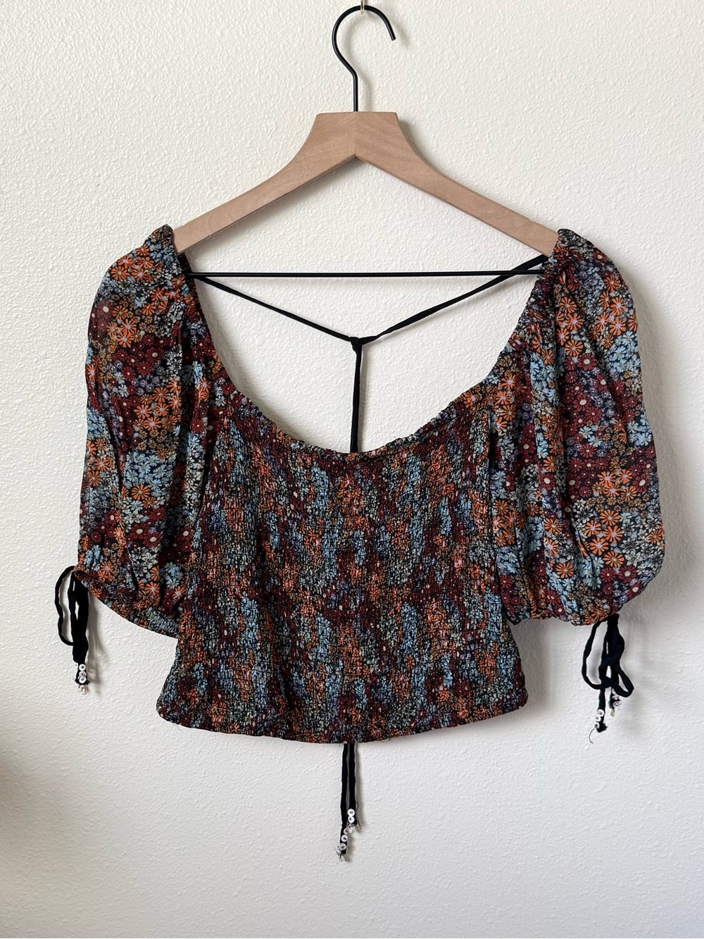 Free People Smocked Floral Peasant Crop Top in Multicolor